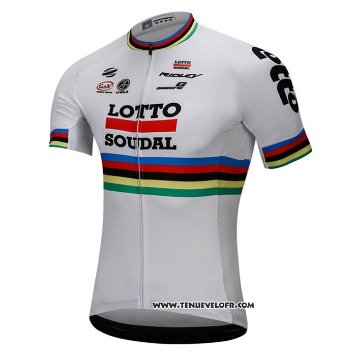 2018 Maillot Ciclismo UCI Mondo Champion Lotto Soudal Blanc Manches Courtes et Cuissard
